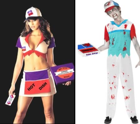 Creepy zombie delivery pizza guy vs. sexy delivery pizza lady. 